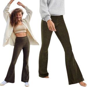 Aerie Groove On Velour Rib Flared High Rise Pants Womens Medium Green Loungewear